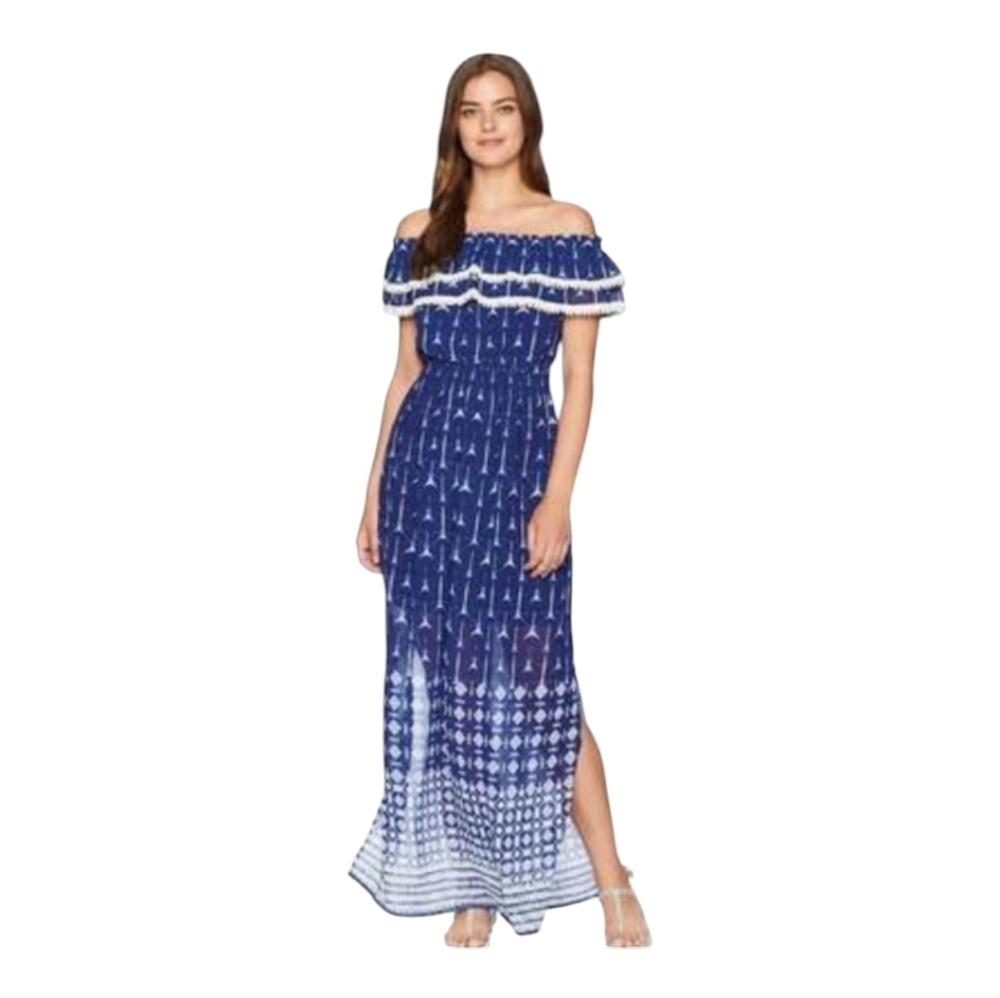 Miss Me Blue and White Off/On Shoulder Maxi Dress, Size Large